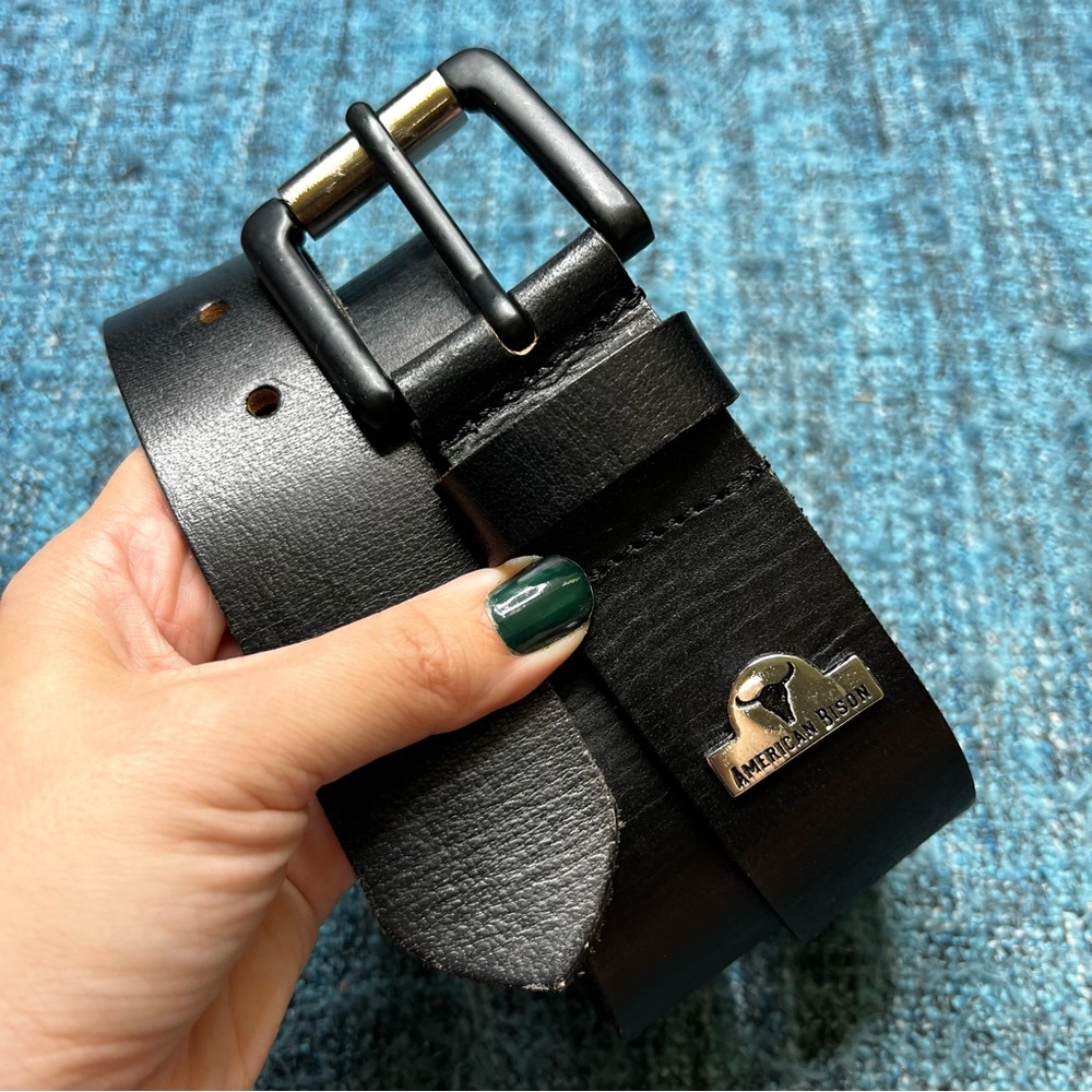 American Bison Black Leather Belt Size 32 Waist Made in India Western